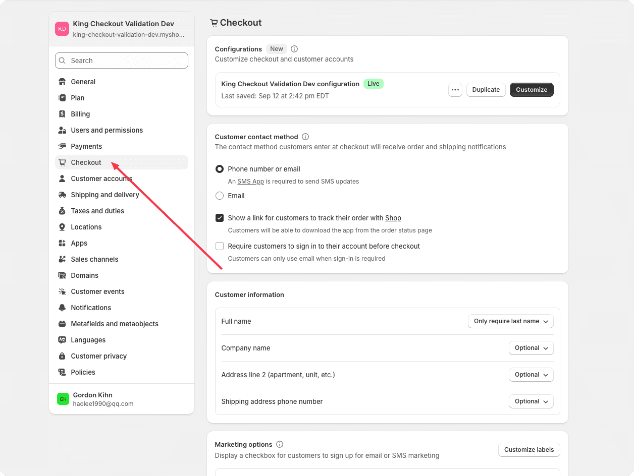 Settings checkout