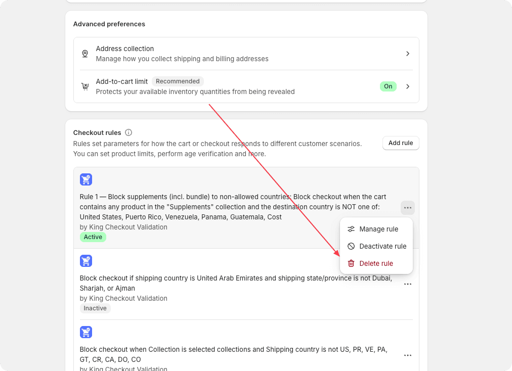 delete rule from shopify